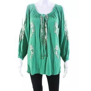 Vanita Rosa Womens Floral Lace Striped Long Sleeve Ruched Blouse Green Size M/L